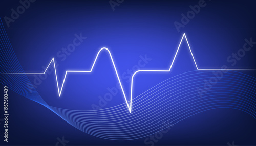 Abstract glowing wave lines on a deep blue gradient background, smooth flowing curves with modern futuristic light effects, elegant digital design for presentations and technology graphics.
