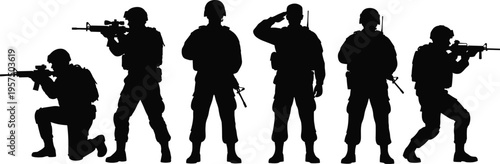 Silhouettes of armed soldiers in tactical gear, showcasing military discipline, readiness, respect, and honor through various action poses including aiming, saluting, and crouching positions.