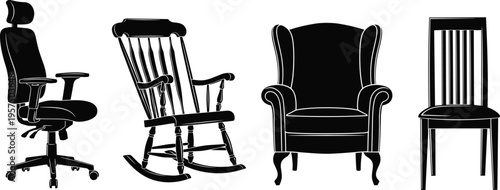 Silhouettes of diverse chair designs including ergonomic office chair, classic rocking chair, upholstered armchair, and simple wooden dining chair, showcasing furniture variety and in