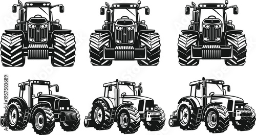 Six black and white tractor illustrations showing front and side views, detailed tires, cabins, and exhaust pipes, emphasizing agricultural machinery design, farming equipment, and industrial artwork.