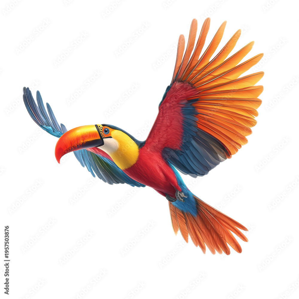 Naklejka premium Vibrant Tropical Toucan in Majestic Flight with Colorful Wings
