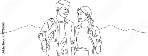 A sketch of a man and woman standing together in front of mountains