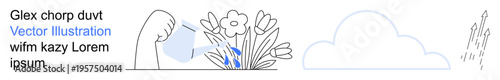 Gardening, nature preservation, weather education, plant growth, sustainability, environment. Person watering flowers, rain cloud icon. Gardening and nature preservation