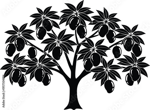 Stylized black and white mango tree illustration with abundant fruits and lush foliage, tropical agriculture design for botany, farming, food, nature, and decorative creative projects