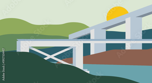 Minimalist Abstract Geometric Landscape with Bridge and Setting Sun in Serene Colors