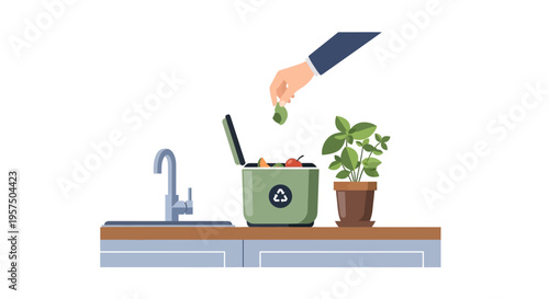 Kitchen Composting: Hand Disposing Organic Food Scraps into Sustainable Waste Bin for Eco-Friendly Living