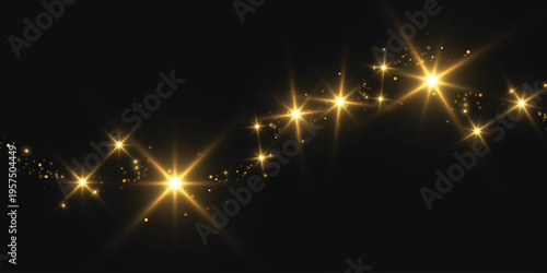 Flowing wave of golden glitter confetti and sparkling stardust with shimmering particles and radiant glow, creating a magical festive overlay on transparent background for holiday and celebration