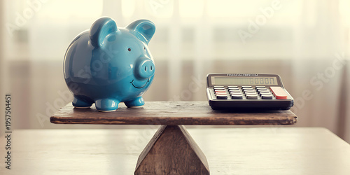 Blue piggy bank and calculator on wooden balance scale indoors  financial planning
