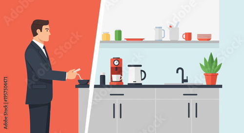 Businessman Preparing Coffee in Office Kitchen. Male Employee on a Coffee Break, Daily Routine Concept. Flat Vector Illustration.