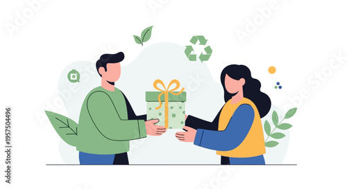 Sustainable Gift Exchange: Eco-Friendly Present Giving by Man and Woman in Flat Illustration