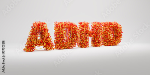 ADHD concept (Attention Deficit Hyperactivity Disorder) - the text ADHD composed of interwoven red and yellow threads symbolizing chaos and restlessness. Gray seamless background