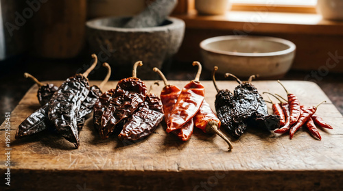 Dried chili pepper varieties including ancho guajillo and chipotle on wood