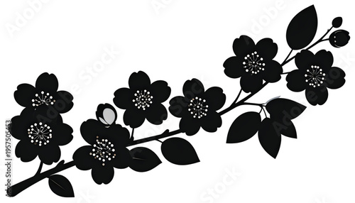 A simplistic black and white graphic illustration of a flowering branch with five petal blossoms