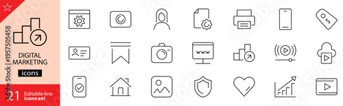Digital marketing icons set. Includes symbols of SEO, social media, content marketing, email campaigns, analytics, advertising, and online growth. Editable stroke. Vector illustration. Outline icons.