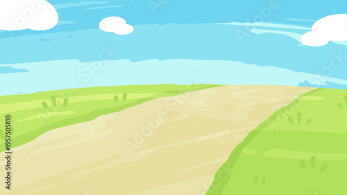 絵の具で描いたような草原と道の背景イラスト_16:9