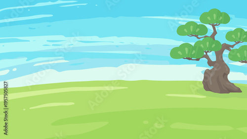 絵の具で描いたような草原に松の木がある背景イラスト_16:9