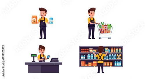 Supermarket Worker Character Set Retail Store Cartoon Vector Illustrations Isolated on White Background