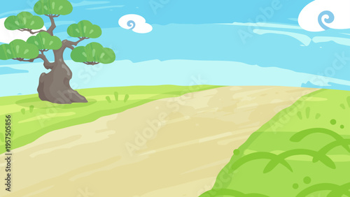 和風な草原と道に松の木が生えている背景イラスト_16:9