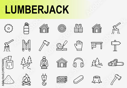 Lumberjack woodworking and forestry equipment line icons set, vector.