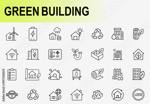 Green building and eco friendly architecture icons set, outline symbols for sustainable construction renewable energy and smart home vector illustration