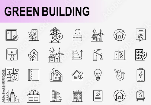 Green building and sustainable eco energy line icons set, vector.