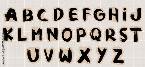 Scrapbook alphabet letters. Hand drawn torn font with crayon scribbles. Cutout collage alphabet for decoration, poster, banner, print. Grunge vector craft doodle kid font elements