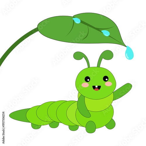 Cute cheerful caterpillar under a leaf with dripping dew drops