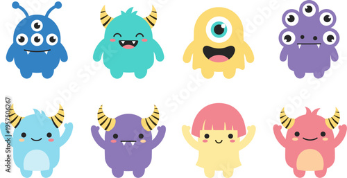 Cute Monster Characters Set with Colorful Cartoon Creatures, Funny Fantasy Animals for Kids Design, Stickers, Games, Nursery Decor, and Playful Vector Illustration Collection