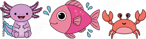 Cute Sea Animal Characters Set with Axolotl, Fish, and Crab Cartoon Illustrations for Kids Design, Ocean Theme Projects, Stickers, Nursery Decor, and Vector Collection