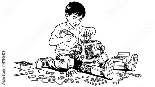 Young boy building and repairing a robot with various tools and parts