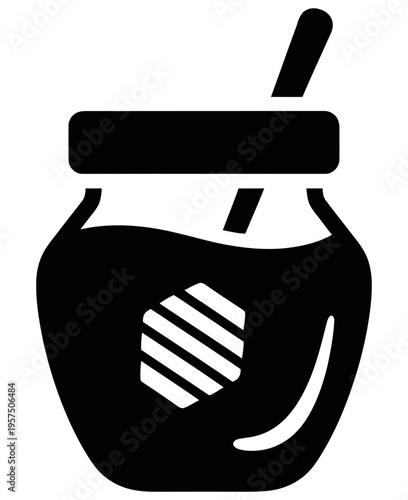 Simple black and white icon of a honey jar with a spoon