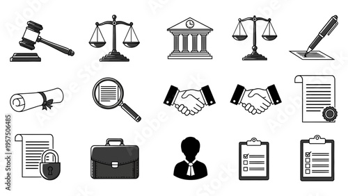Various legal and business icons on a white background for design use