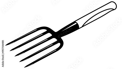 Gardening tool with long handle and four prongs for digging and lifting