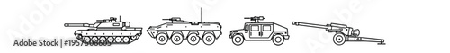 Black outline icons of multiple military vehicles including tank, armored car, jeep and towed artillery in a row