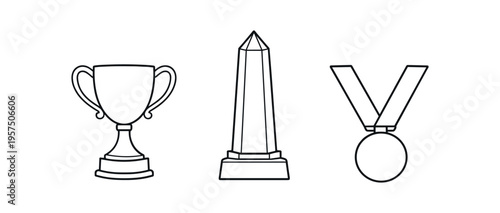 Thin outline icons of a trophy obelisk and medal in a row