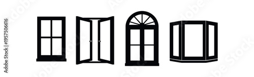 Four black silhouette window and door shapes including single, double, arched and bay styles