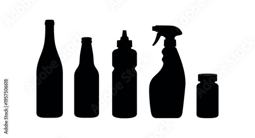 Six black silhouette containers including wine bottle, beer bottle, squeeze bottle, spray bottle and small jar