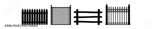 Black fence variations in silhouette and outline styles including picket, chainlink, rail and ornamental panels