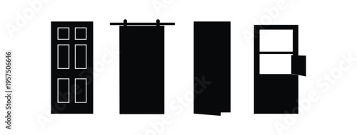 Four solid black door icons showing a paneled door, sliding barn style, folded panel and a windowed entry door