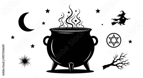 Black silhouette of a witch's cauldron with magic symbols and a witch flying on a broomstick
