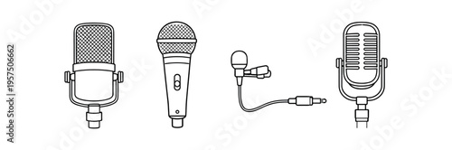 Line art set of four detailed microphone and earbud outlines