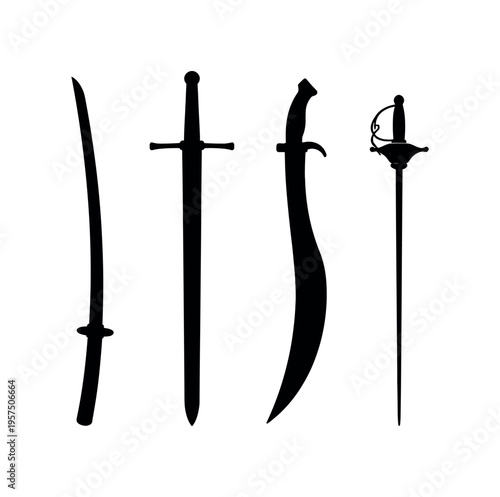 Black silhouette set of four distinct sword types on white