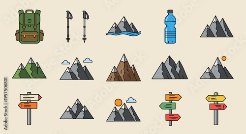 Collection of Hiking and Mountain Adventure Icons with Backpack, Trekking Poles, Water Bottle, and Directional Signs.