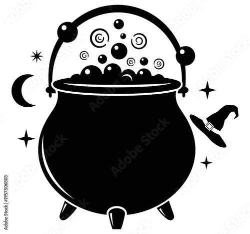 Black silhouette of a bubbling cauldron with witch hat and moon