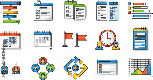 Set of project management and task tracking icons, flat vector illustrations of business checklists, calendars, team hierarchy and workflow charts isolated on white