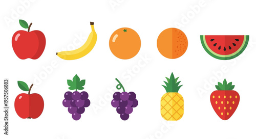 Colorful flat design fruit collection with apples, banana, oranges, watermelon, grapes, pineapple, and strawberry.