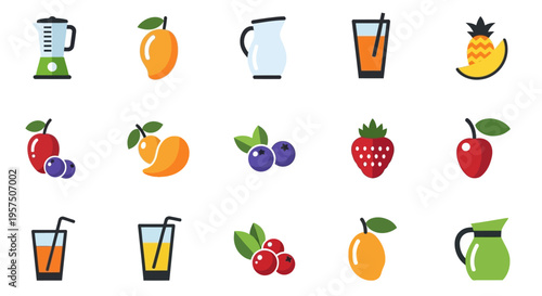 Vibrant collection of fruit and juice icons for healthy lifestyle and beverage concepts.
