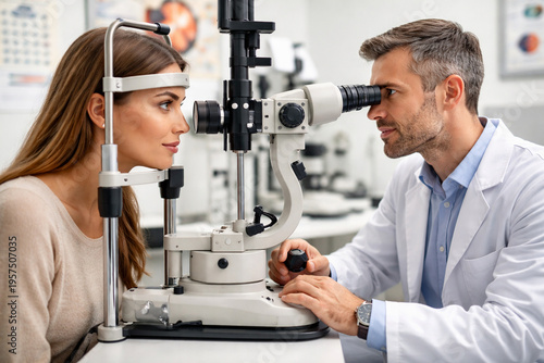 Eye Exam: A detailed, close-up photograph captures the scene as an eye doctor and patient engage in a crucial eye examination, highlighting the precision and care involved in vision health.