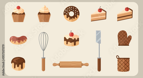 Assortment of delicious baked goods and essential baking tools.