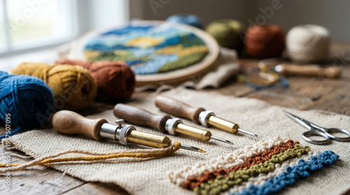 Punch needle tools in various gauges with yarn and monks cloth